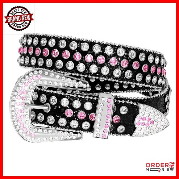 Western Rhinestone Studded Leather Belt Unisex Bling Cowgirl Cowboy Waist main image 6